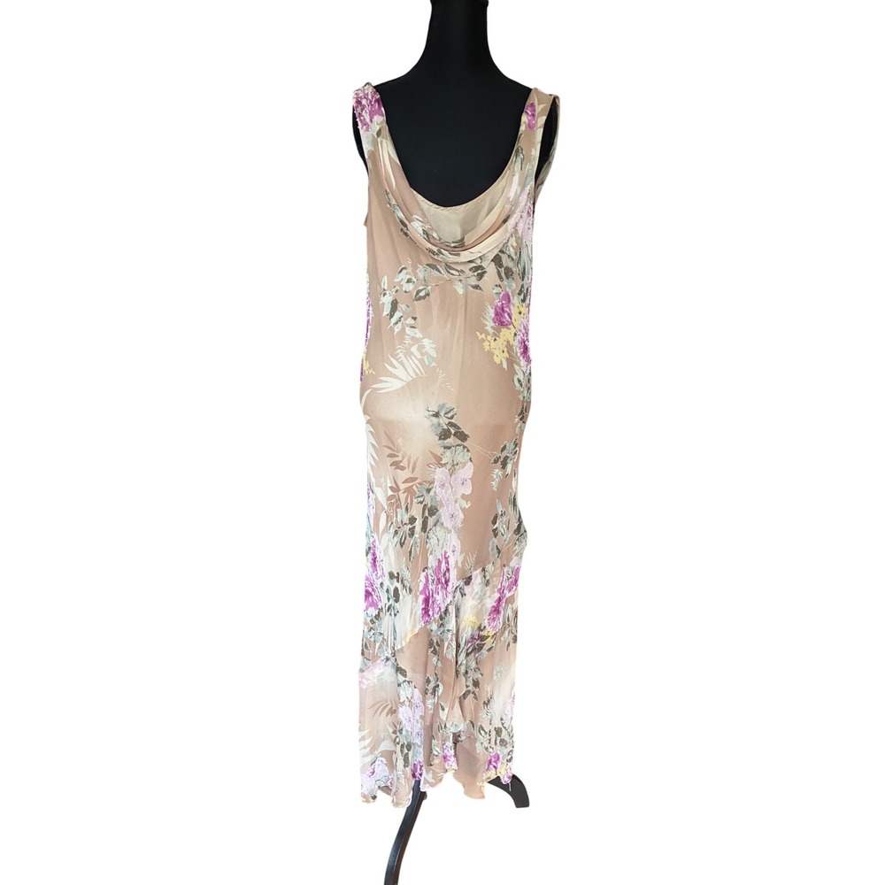 Vintage Y2K ICE 100% Silk Floral Beaded Maxi Dress Cowl Neck Handkerchief Hem 14